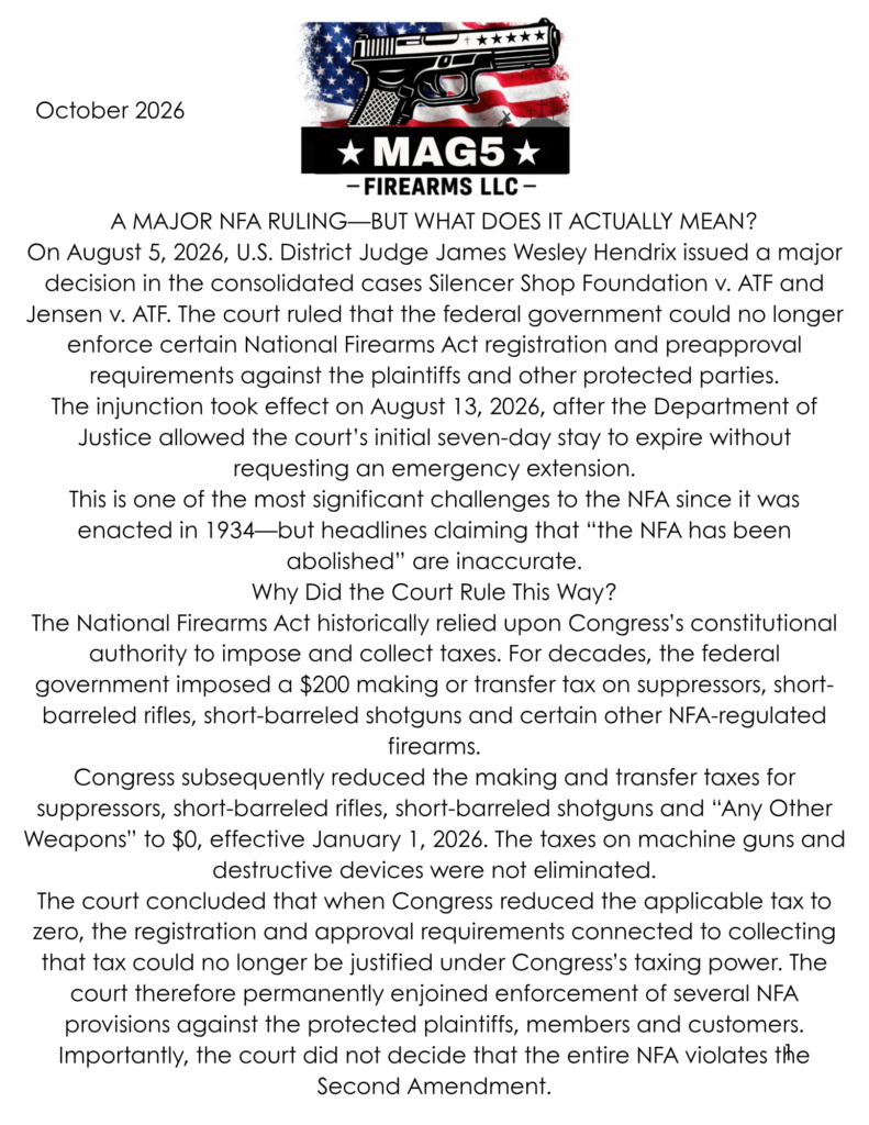 MAG5 Firearms October 2026 newsletter, A Major NFA Ruling, page 1 of 3